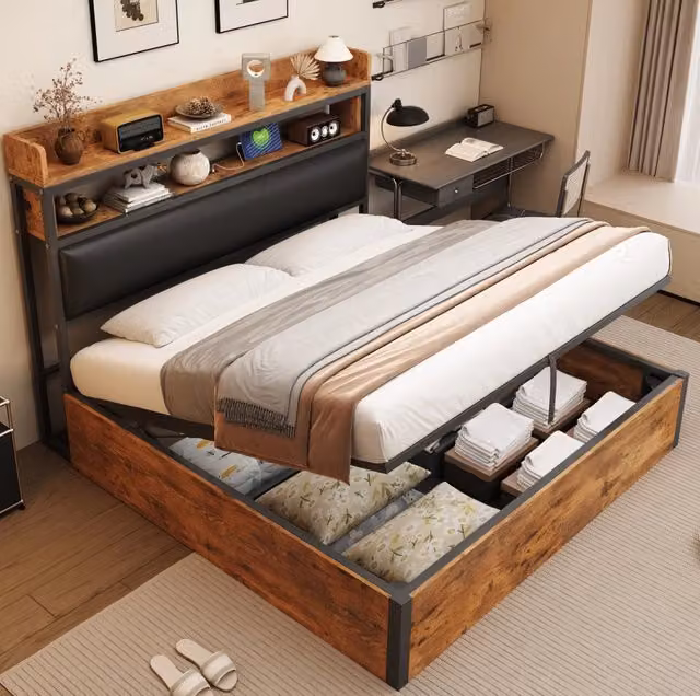 Letto matrimoniale ULEVR 180x200 cm con contenitore idraulico, testiera imbottita con ripiano e porte USB, nero
