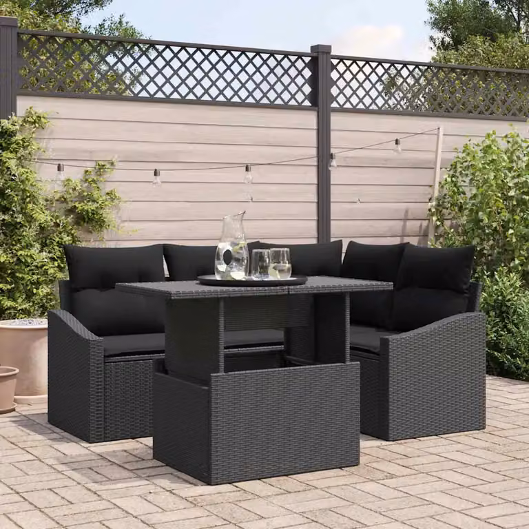 Set Divano da Giardino vidaXL 5 Pezzi in Polyrattan Nero con Cuscini e Tavolino