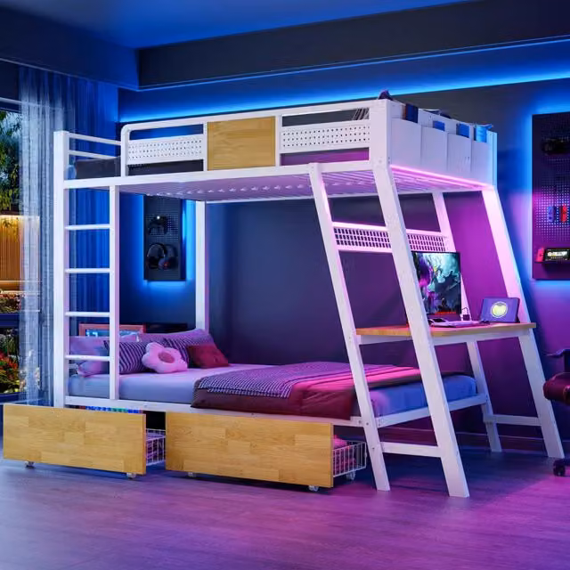 Letto a castello in metallo con LED e scrivania gaming integrata LEMONMAX; 90x200 cm; prese USB/USB-C; 2 cassetti a rotelle; metallo; bianco