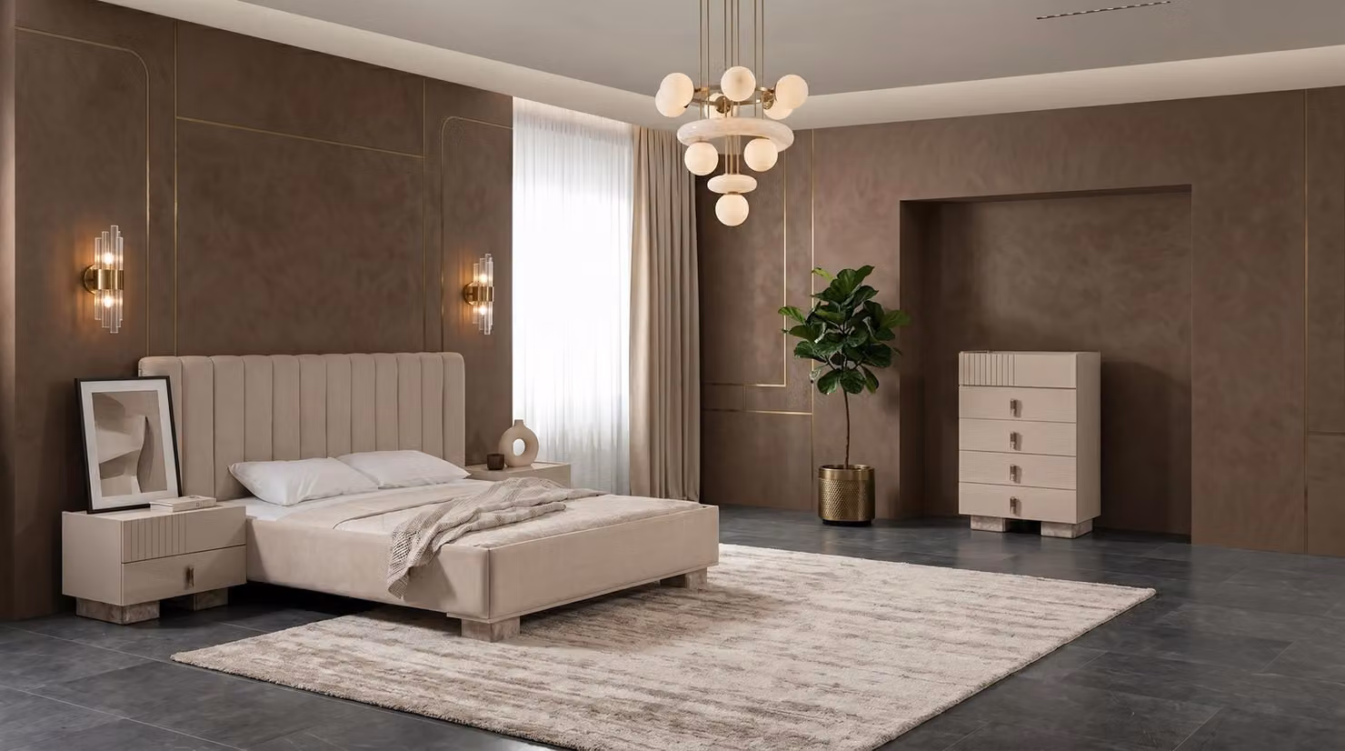 Set di mobili da camera da letto color beige: letto, comò, comodini