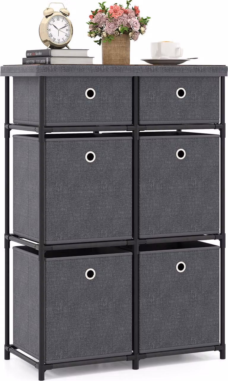 Cassettiera COSTWAY con 6 cassetti, tavolo portaoggetti con struttura in metallo e contenitori pieghevoli in tessuto Cassettiera in tessuto con vano portaoggetti
