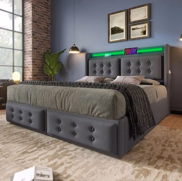 Letto matrimoniale 140x200 cm con LED e prese; cotone lino; grigio (Senza materasso)