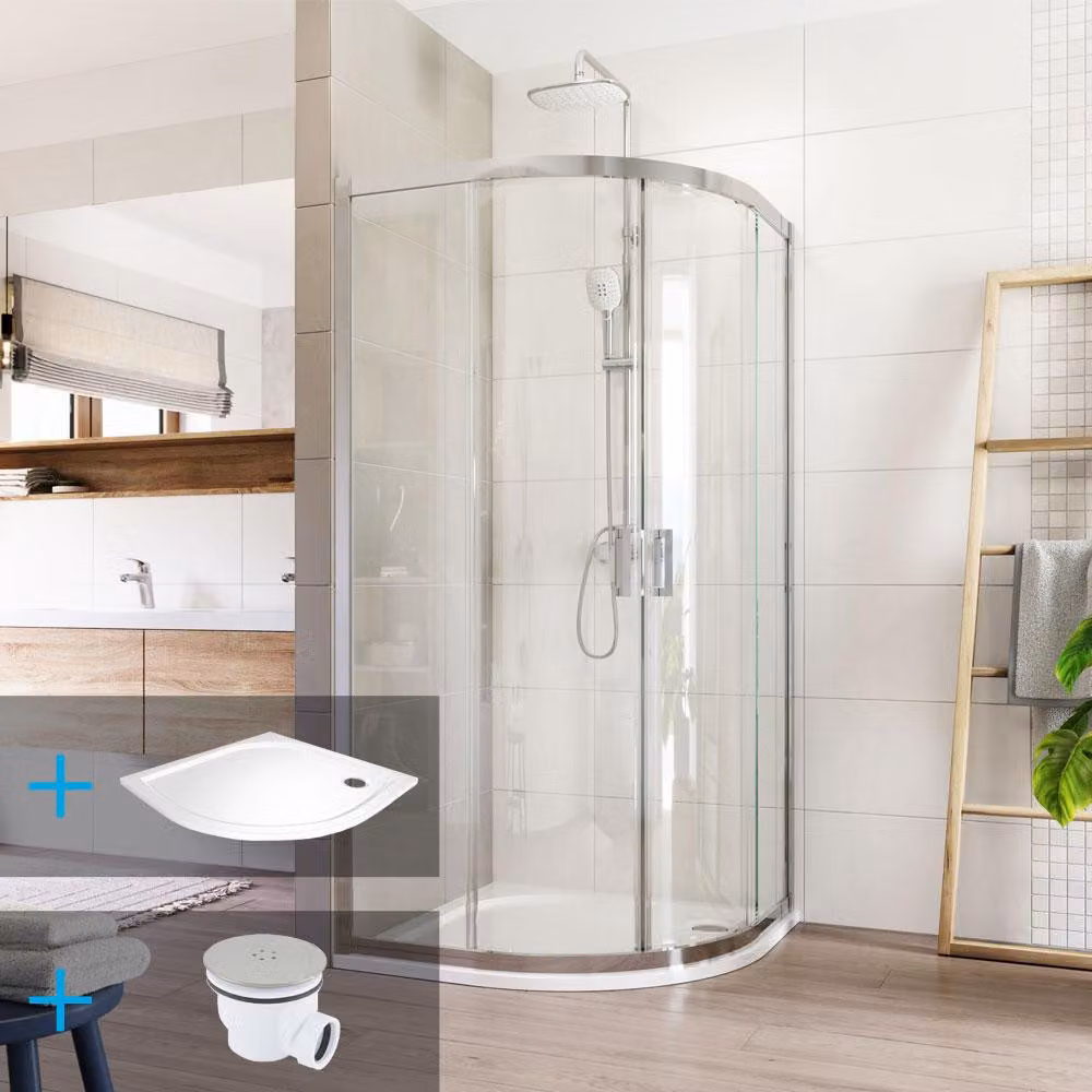 Set doccia Mereo:, LIMA, quarto di cerchio, 90x90x190 cm, R 550, cromo ALU, vetro trasparente, piatto in marmo - CK608B23KM