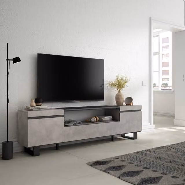 Mobile TV, 200x35x57cm, soggiorno, Per TV fino a 80", Design industriale, grigio cemento RF2221