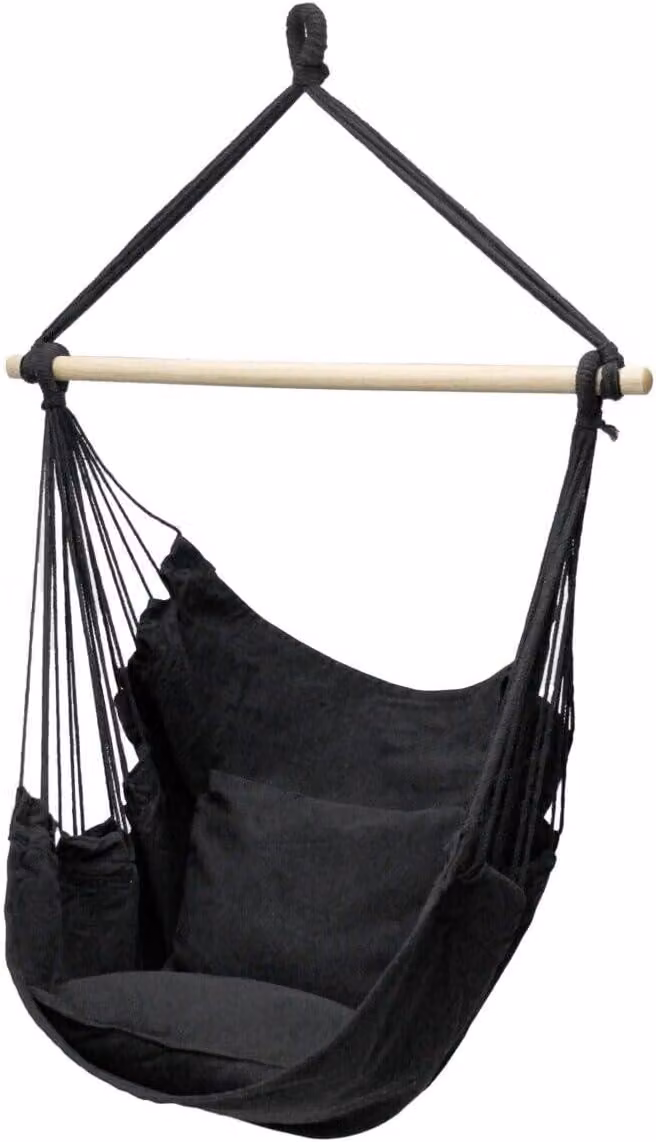 Sedia a dondolo sospesa, dimensioni 100x130 cm, colore nero, realizzata in cotone e poliestere, con struttura, ideale per l'esterno