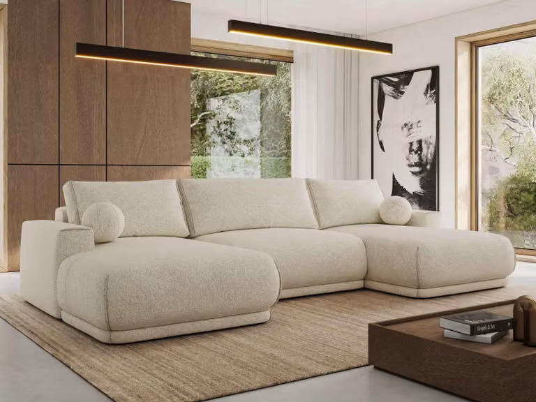 MKS MEBLE Divano ad angolo XXL RINA, divano componibile a forma di U con funzione letto e molle ondulate, funzione letto DL - Crema Strutturato