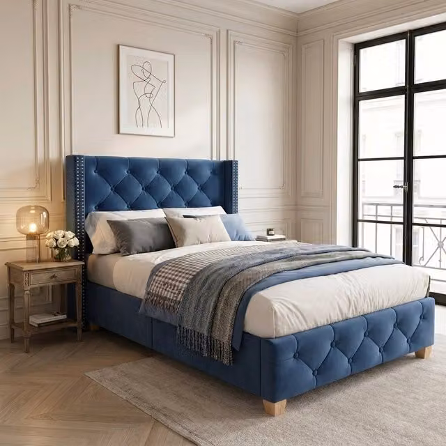 Letto imbottito moderno CIPACHO in velluto blu L 100 cm x P 205 cm