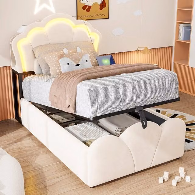 Letto imbottito contenitore ¨C Minimal ¨C Beige velluto 90x200cm con LED idraulico testiera con scomparti e prese integrate