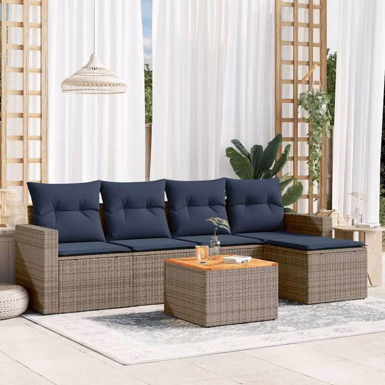 Set di divani da giardino vidaXL in polyrattan 6 pezzi con cuscini grigi e blu e tavolino, design moderno a forma di L con struttura in metallo e acacia