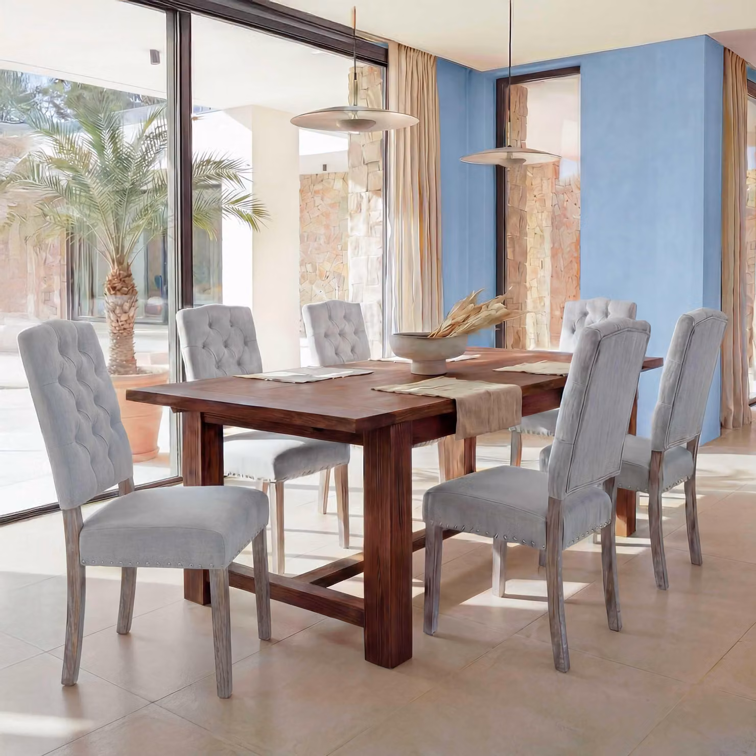 set di 6 sedie da pranzo HWC-O66b, sedia da cucina imbottita, tessuto/tessuto con borchie Chesterfield, grigio chiaro