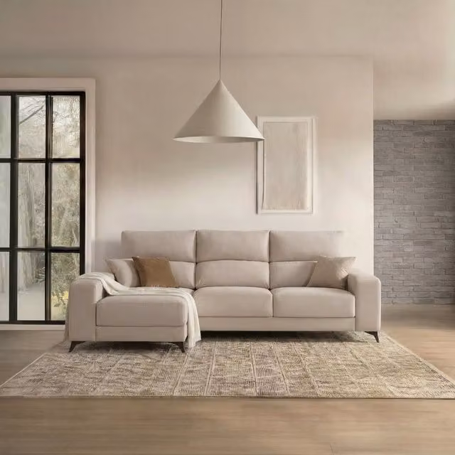 Divano angolare Banak a 4 posti con chaise longue a sinistra, colore beige, con contenitore e poggiatesta regolabile