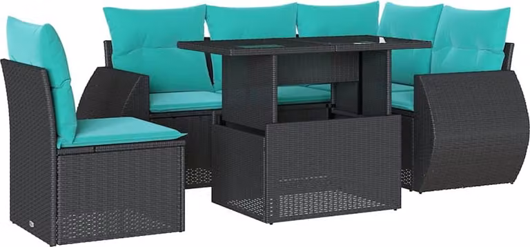 set di 6 divani da giardino con cuscini, in polyrattan nero
