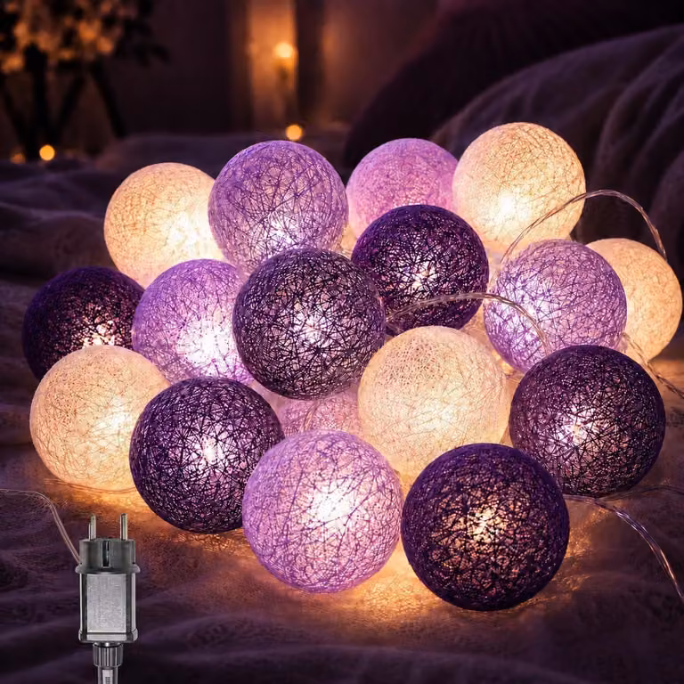 Catena luminosa, lunghezza 3,8 metri, 20 palline di cotone, colore viola, tecnologia LED, grado di protezione IP44, con spina