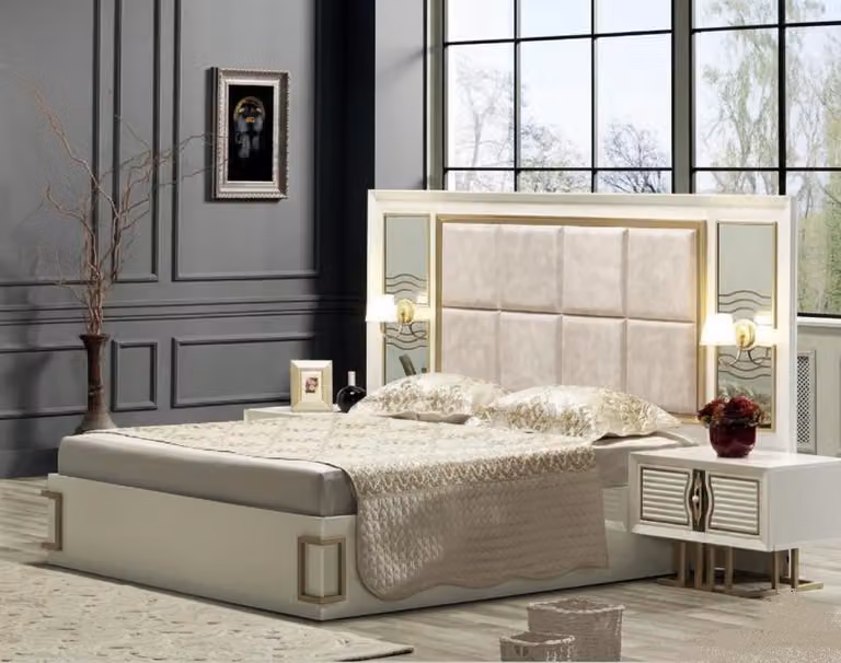 Set da camera da letto in stile moderno con letto e due comodini.