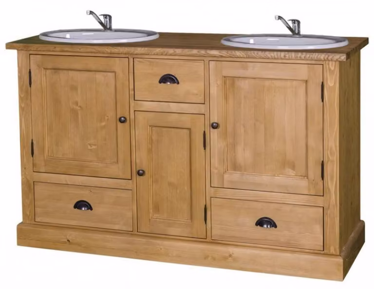 Mobile bagno in stile rustico "Casa Padrino", con lavabo doppio, in legno di pino e quercia, dimensioni 120 x 59 x 197 cm