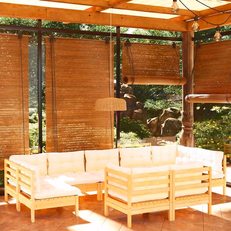 Set di divani da giardino vidaXL a forma di L in legno massello di pino con cuscini beige 9 pz