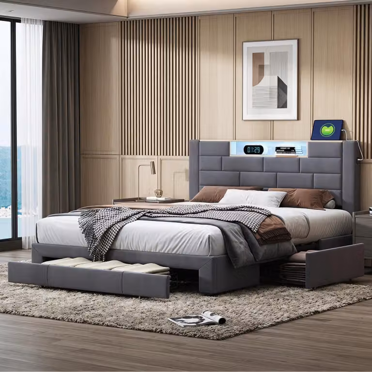 Letto imbottito INONEFT, 160x200 cm, con prese USB e prese di corrente, letto a castello per ragazzi, con 3 cassetti, letto contenitore con LED e rete a doghe, in velluto, colore grigio