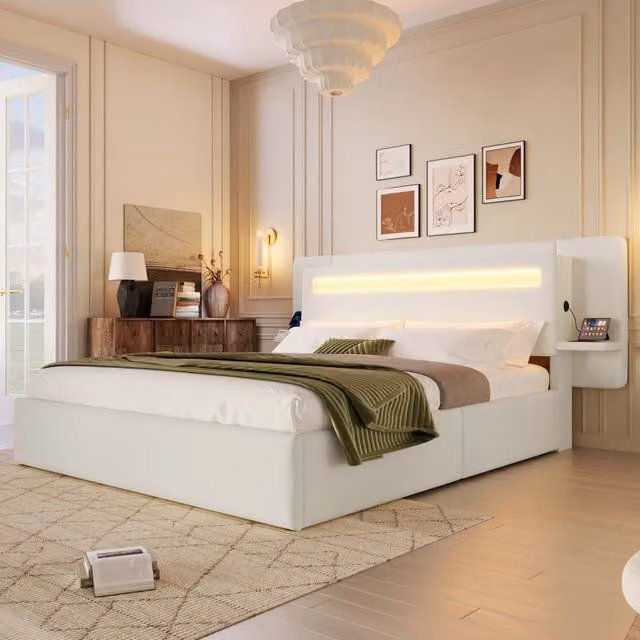 Letto imbottito 140x200 cm beige con contenitore idraulico; LED multicolore e comodino integrato
