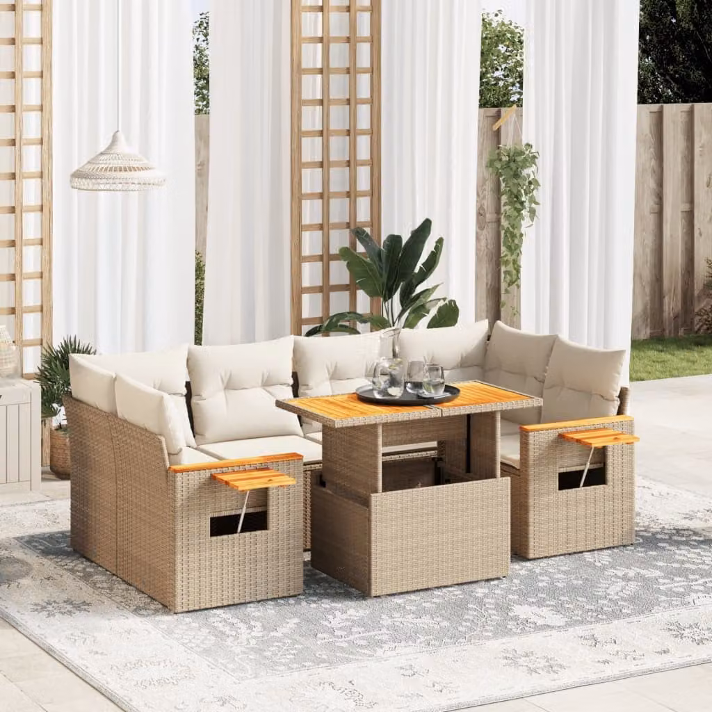 vidaXL Set Divani da Giardino 7 pz a Forma a L in Polyrattan Beige con Cuscini Imbottiti e Tavolino – 1
