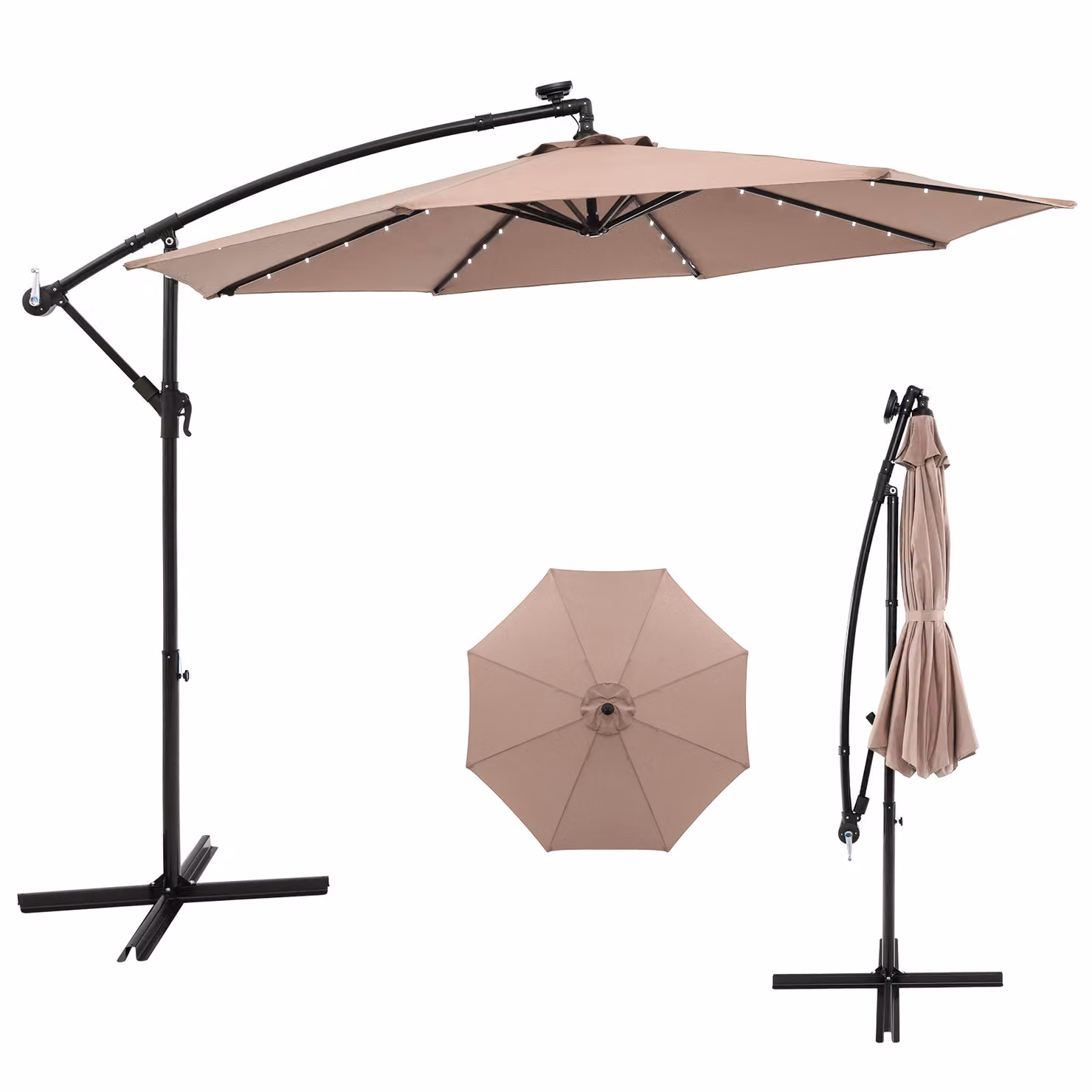 Ombrello da patio Costway con pannello solare e 40 lampadine, modello cantilever, Marrone, Diametro: 300 cm