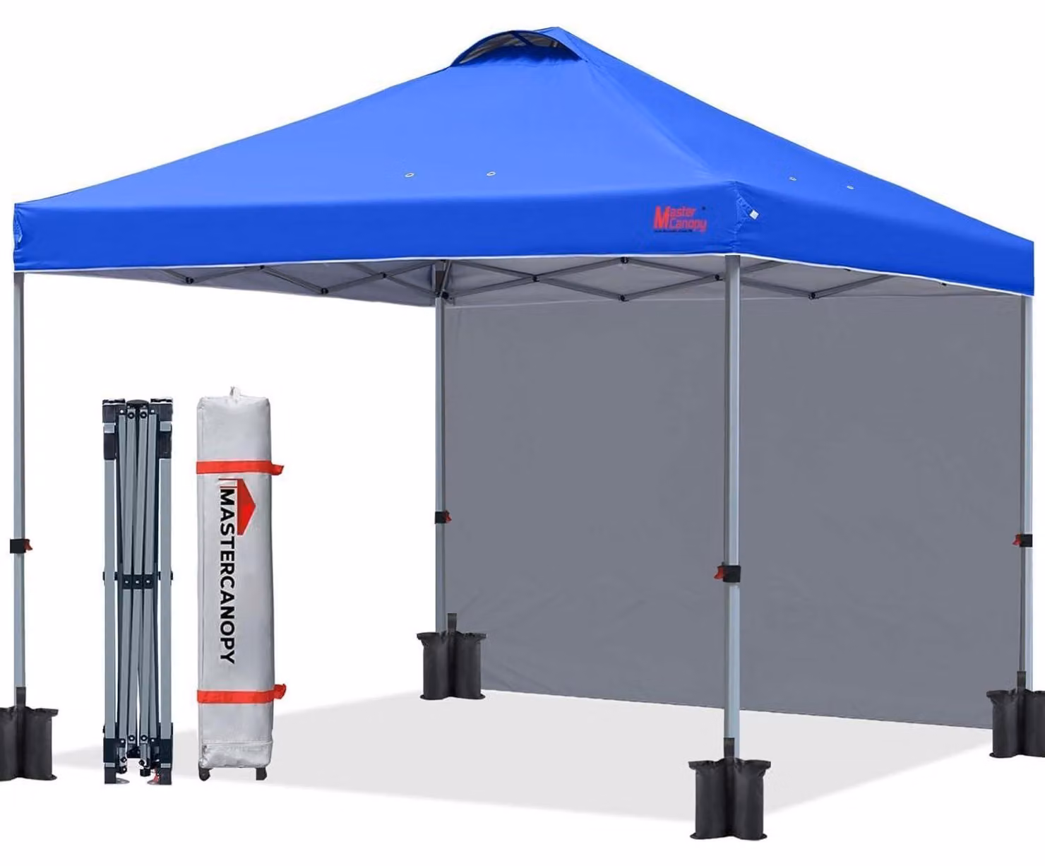 Padiglione pop-up di 2x2 metri, con sistema di ventilazione e una parete laterale, colore blu