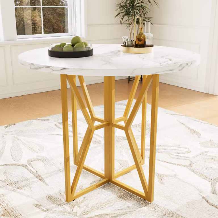 okwish Runder Esstisch, tavolo da pranzo per 4-6 persone, piano in marmo MDF, gambe dorate, oro e bianco