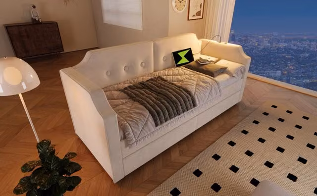 Divano letto in velluto beige 90×200 cm con luce da lettura, ricarica USB Type-C, 2 cassetti contenitore e rete a doghe in legno