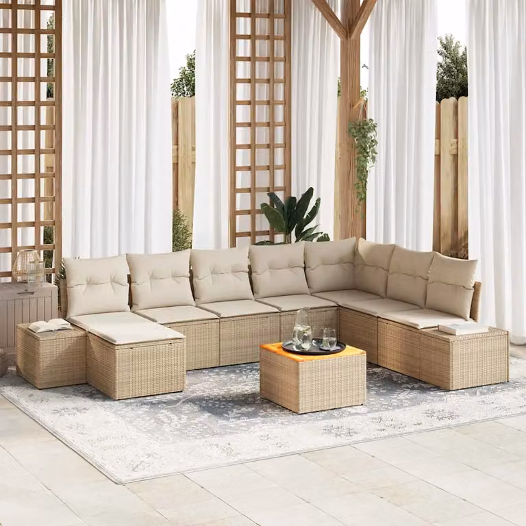 Set Divano da Giardino a L vidaXL 9 pz Beige con Cuscini e Tavolino in Polyrattan e Metallo