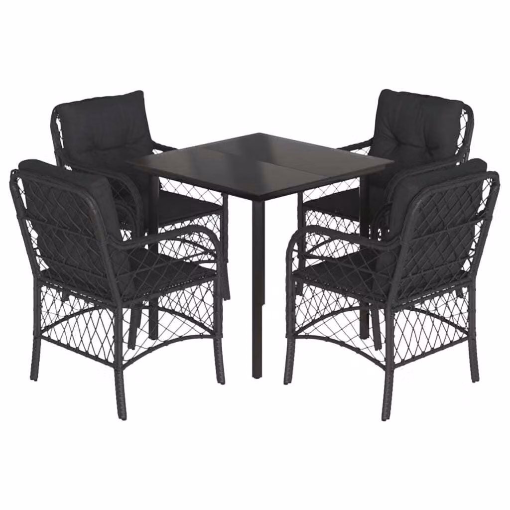 Set da Pranzo da Giardino 5 pz Nero con Cuscini in Polyrattan