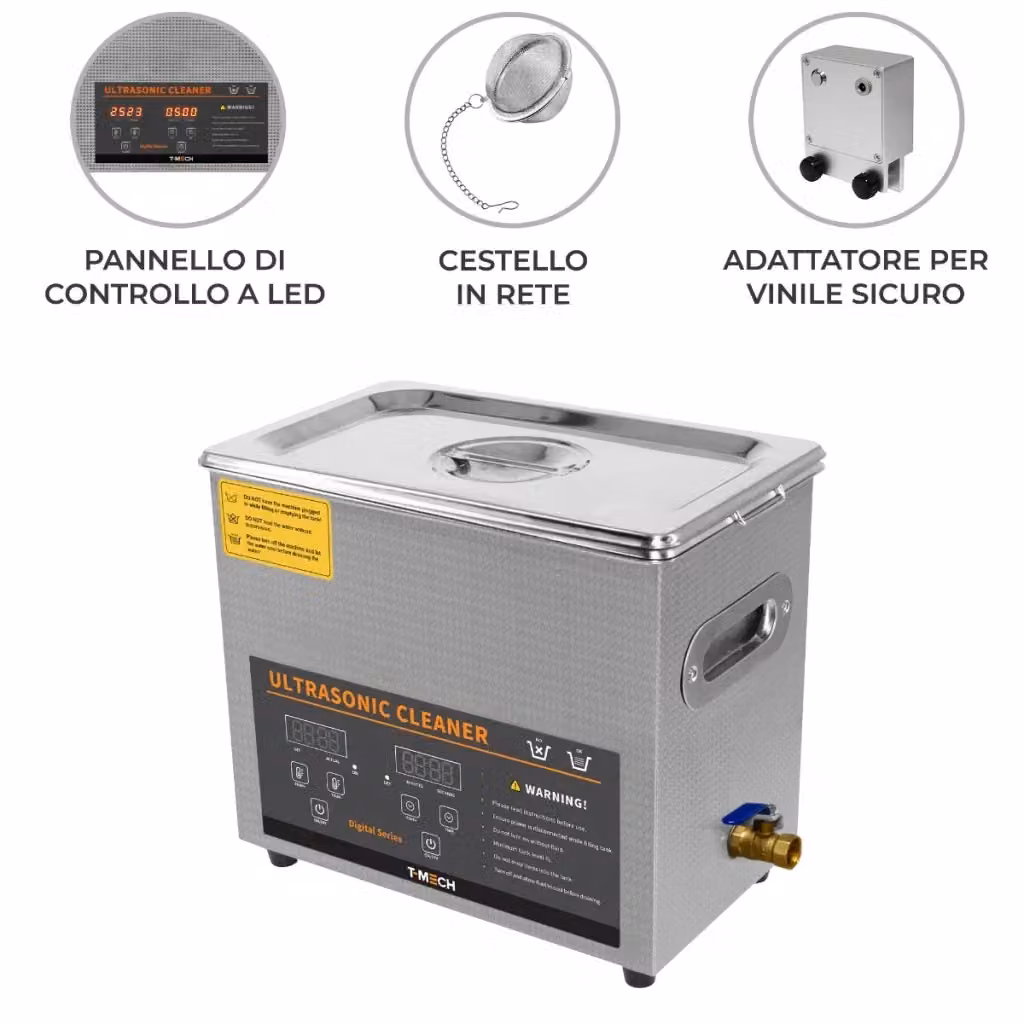 Pulitore ad ultrasuoni digitale T-Mech in acciaio inossidabile con timer e riscaldatore, colore argento, capacità 6L – 2