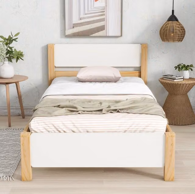 Letto singolo in legno di pino con rete a doghe e piedi centrali, bianco e naturale, 90x200 cm