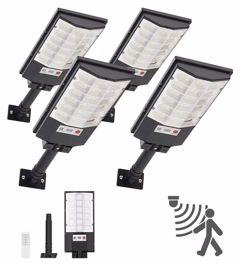 Lampada solare a LED per strada - Set da 4 - 500 W - 50.000 lm - Con sensore crepuscolare - Rilevatore di movimento - Impermeabile IP65 - Illuminazione esterna per vialetti e cortili