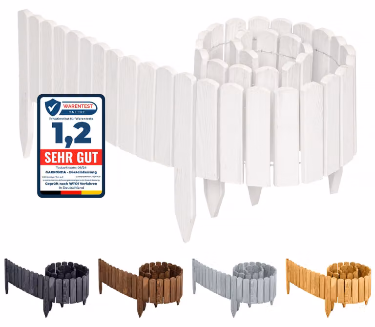 Garronda Recinzione da giardino in legno in rotoli Impregnato Flessibile in rotoli Recinzione per prato a palizzata per giardino Lunghezza: 200 cm GD-0046 (Bianco, Altezza: 10 cm)