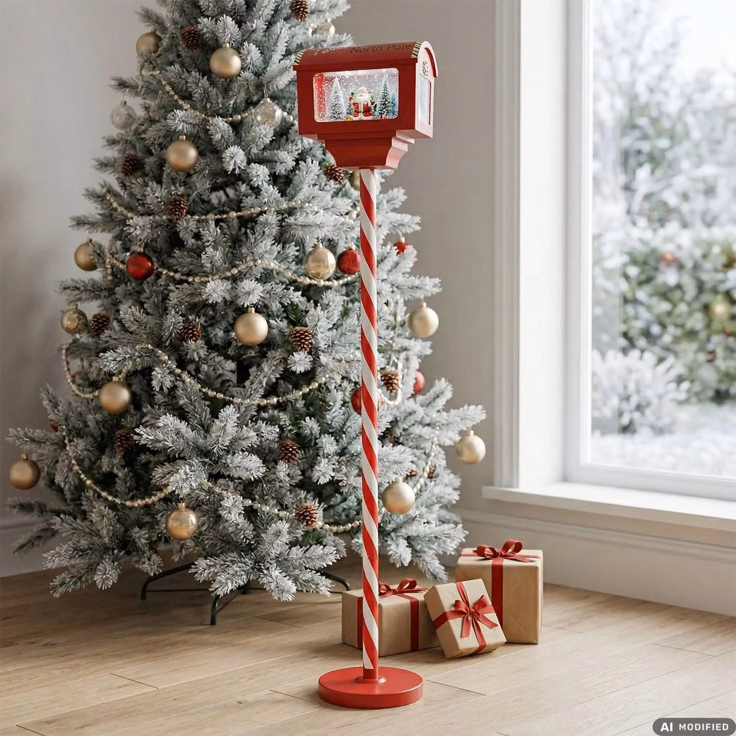 Cassetta Postale Natalizia Luminosa Babbo Natale con Effetto Neve e Musica Santa North Pole Vestiamo Casa Gran Natale, Colori Bianco e Rosso, H 150 x L 27 x P 20 cm – 2