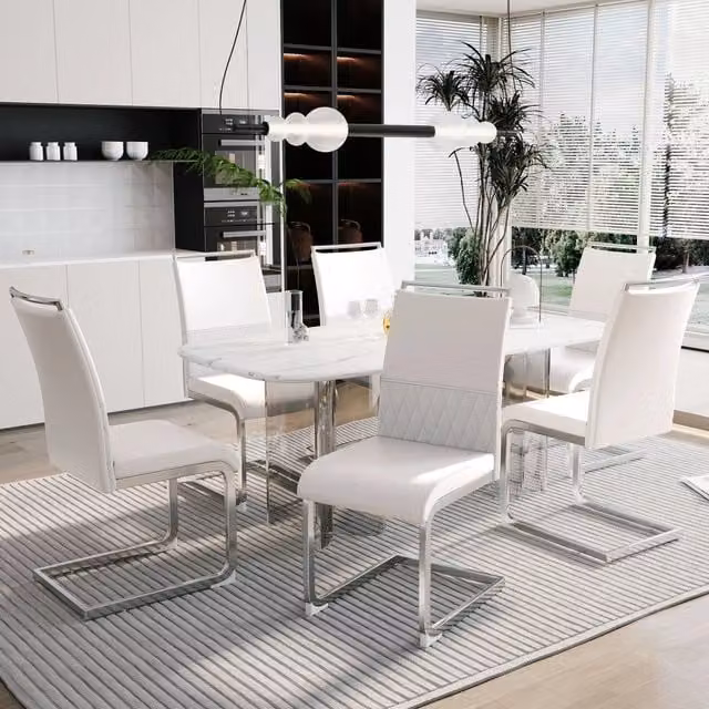Sedie da Pranzo Set 6 Pezzi ¨C Xylo ¨C Schienale Alto Imbottito, Ecopelle e Tessuto, Bianco