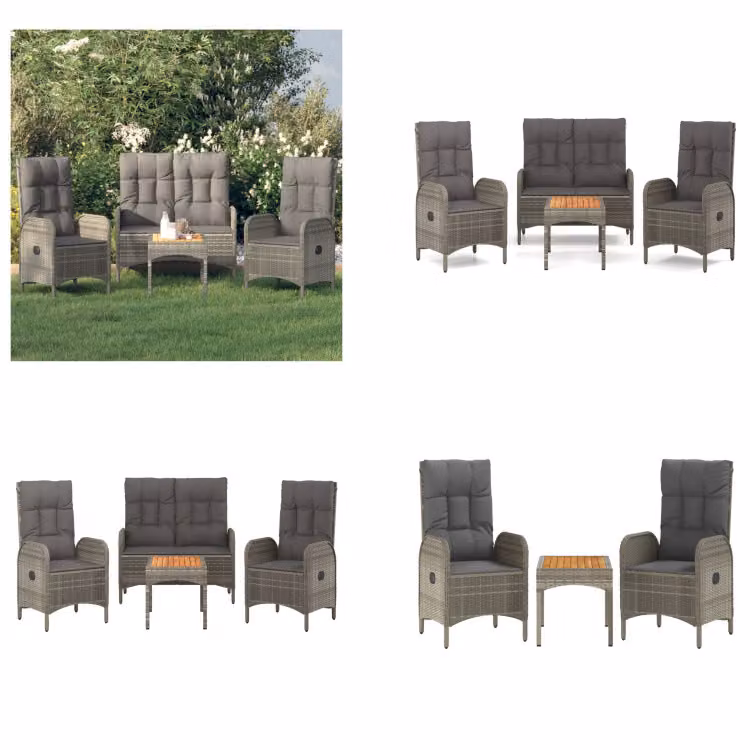 vidaXL Set da pranzo da giardino 4 pezzi con cuscini in poly rattan grigio - Set da pranzo da giardino - Set da pranzo da giardino - Set da pranzo da terrazza