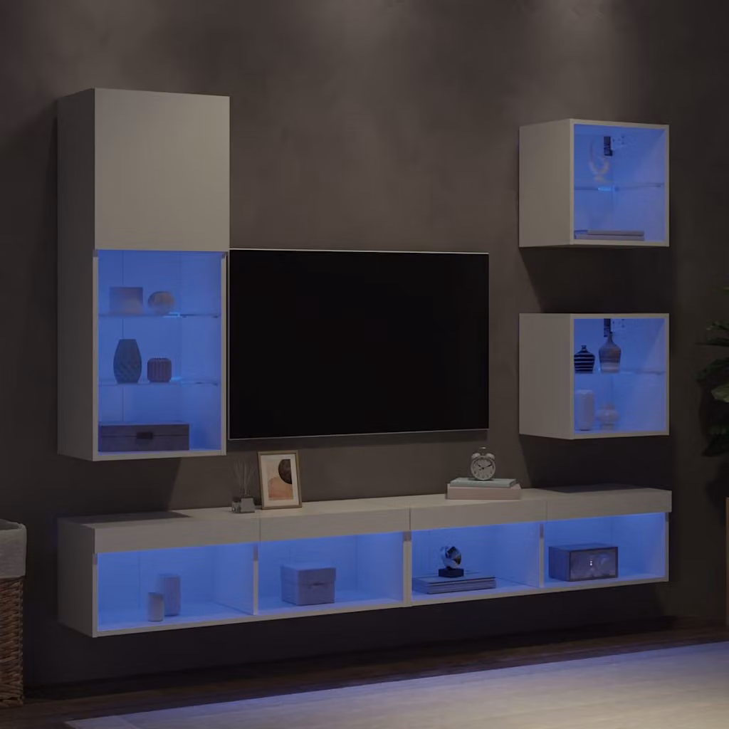 Mobile TV a muro moderno vidaXL con illuminazione LED integrata, bianco, in legno multistrato – 1