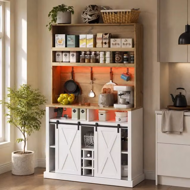 Mobile da cucina alto con LED RGB; prese e USB; vetrina in MDF; 110×40×191 cm; naturale/bianco