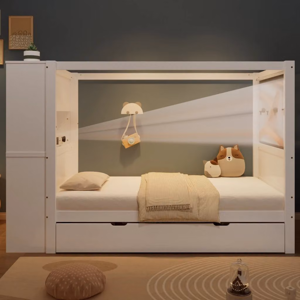 Letto singolo per bambini moderno bianco con barriera di sicurezza e contenitori laterali L/P/H: 200 x 90 x 94 cm – 2