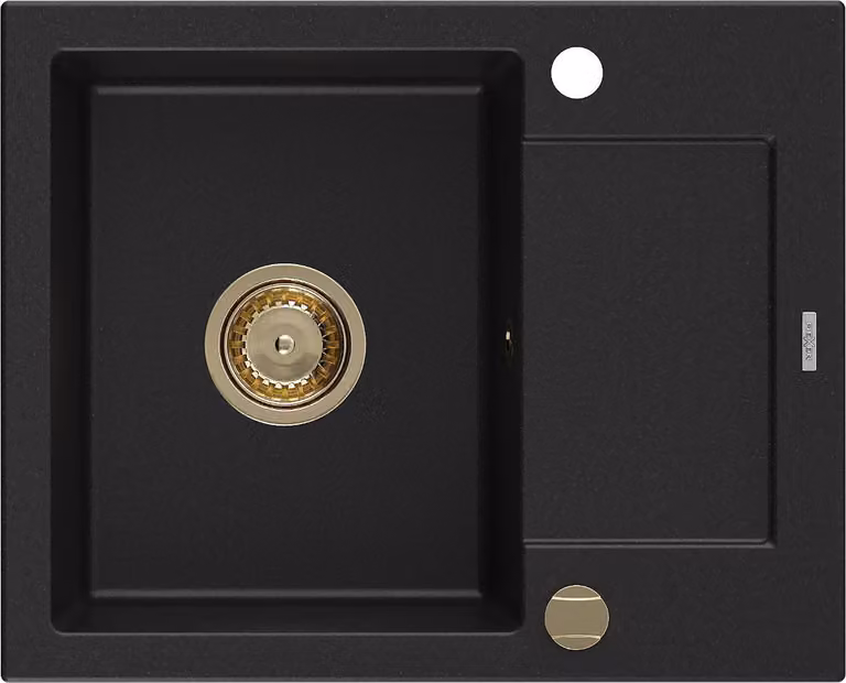 Mexen Enzo lavello in granito 1-vasca con scolapiatti 576 x 465 mm, nero, sifone dorato - 6506571005-77-G