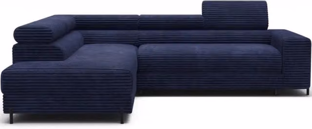 Divano angolare convertibile COLESIA MEUBLORAMA in velluto a coste blu, modello a sinistra con funzione letto e poggiatesta regolabile, L/P/H: 274 x 200 cm