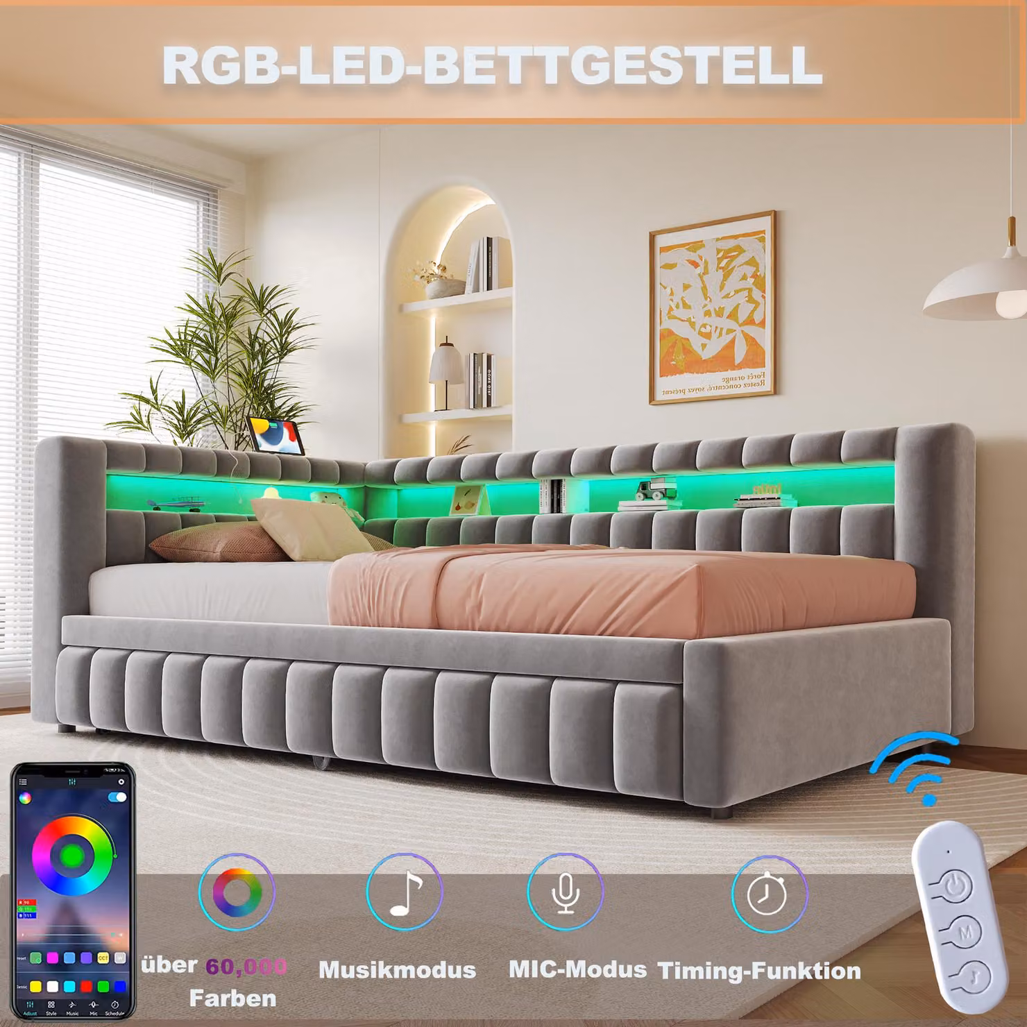 letto imbottito okwish 90×200 con illuminazione a LED, divano letto estraibile, letto matrimoniale con motivo classico a righe, struttura letto in legno con porta di ricarica USB, grigio inferno, senza materasso