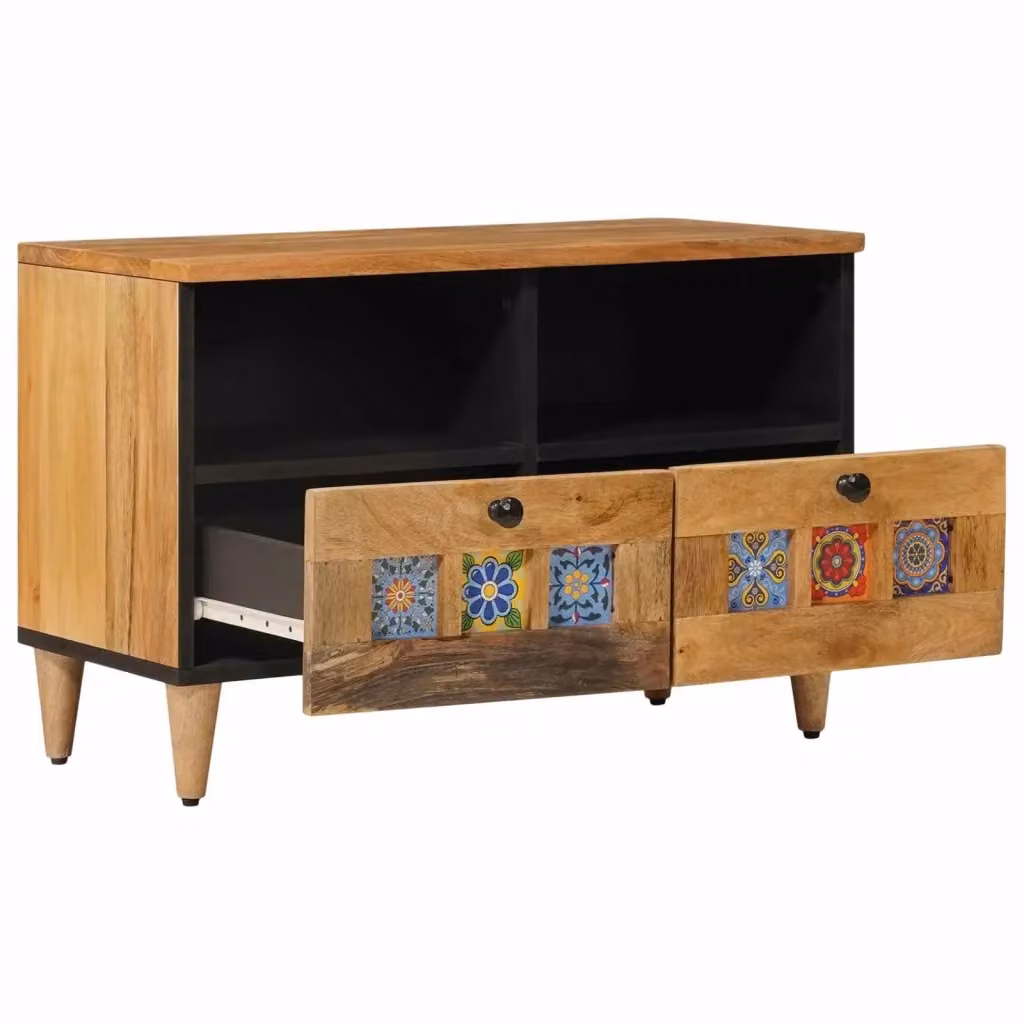 Mobile TV moderno vidaXL in legno di mango massello, colore marrone/beige, L 70 cm x P 33 cm x H 46 cm – 2