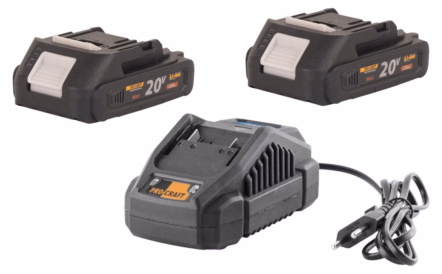 Procraft Starter Pack 20 V 20/2,4 A Caricabatterie + 2x 20/2 A Batteria 2,0 Ah