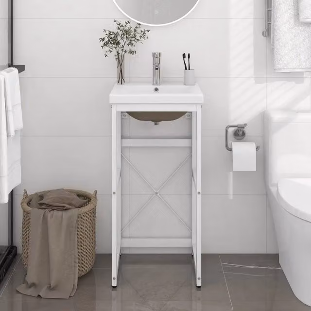 Lavabo da bagno moderno vidaXL con telaio in metallo e lavabo in ceramica bianca a parete L: 83 cm, P: 40 cm, H: 38 cm