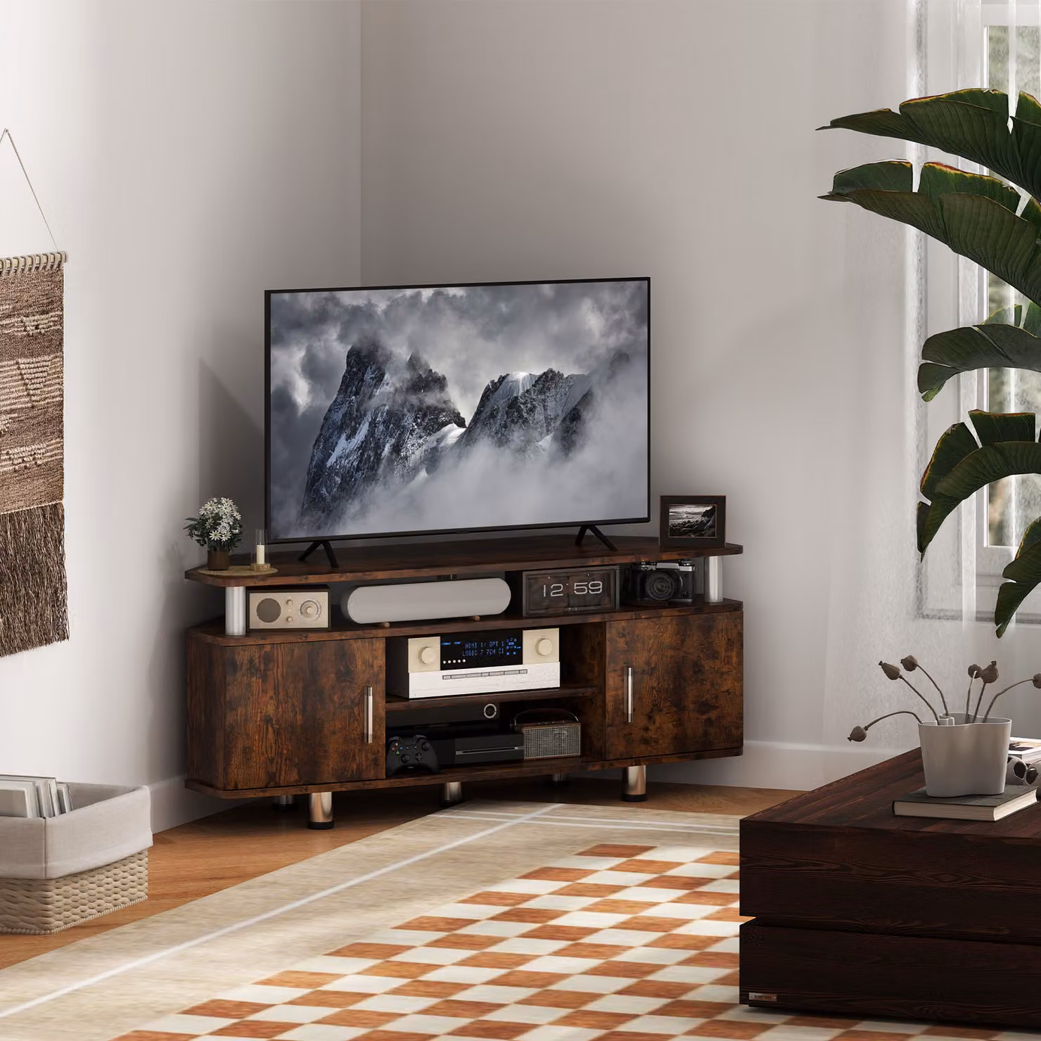 Mobile TV HOMCOM moderno in legno marrone con ante e scomparti aperti per televisori fino a 55 pollici, L 120 cm x P 39,5 cm x H 52 cm – 2
