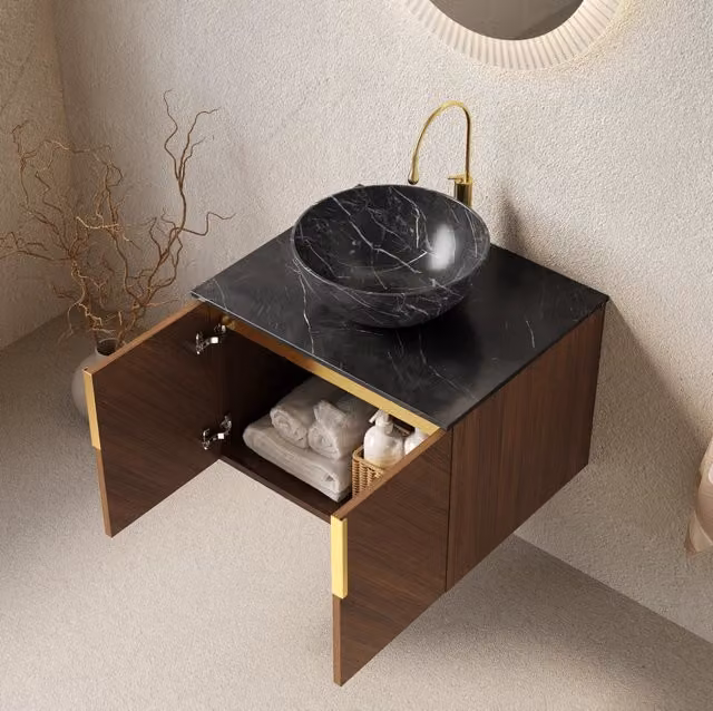 Mobile bagno 61 cm con lavabo in ceramica nera effetto pietra, piano in pietra sinterizzata nera, armadietto in compensato color quercia marrone con doppia anta