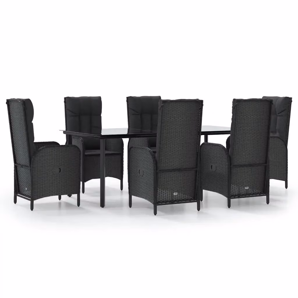Set da pranzo da giardino moderno vidaXL in polyrattan nero con cuscini e tavolo in vetro 7 pz – 2