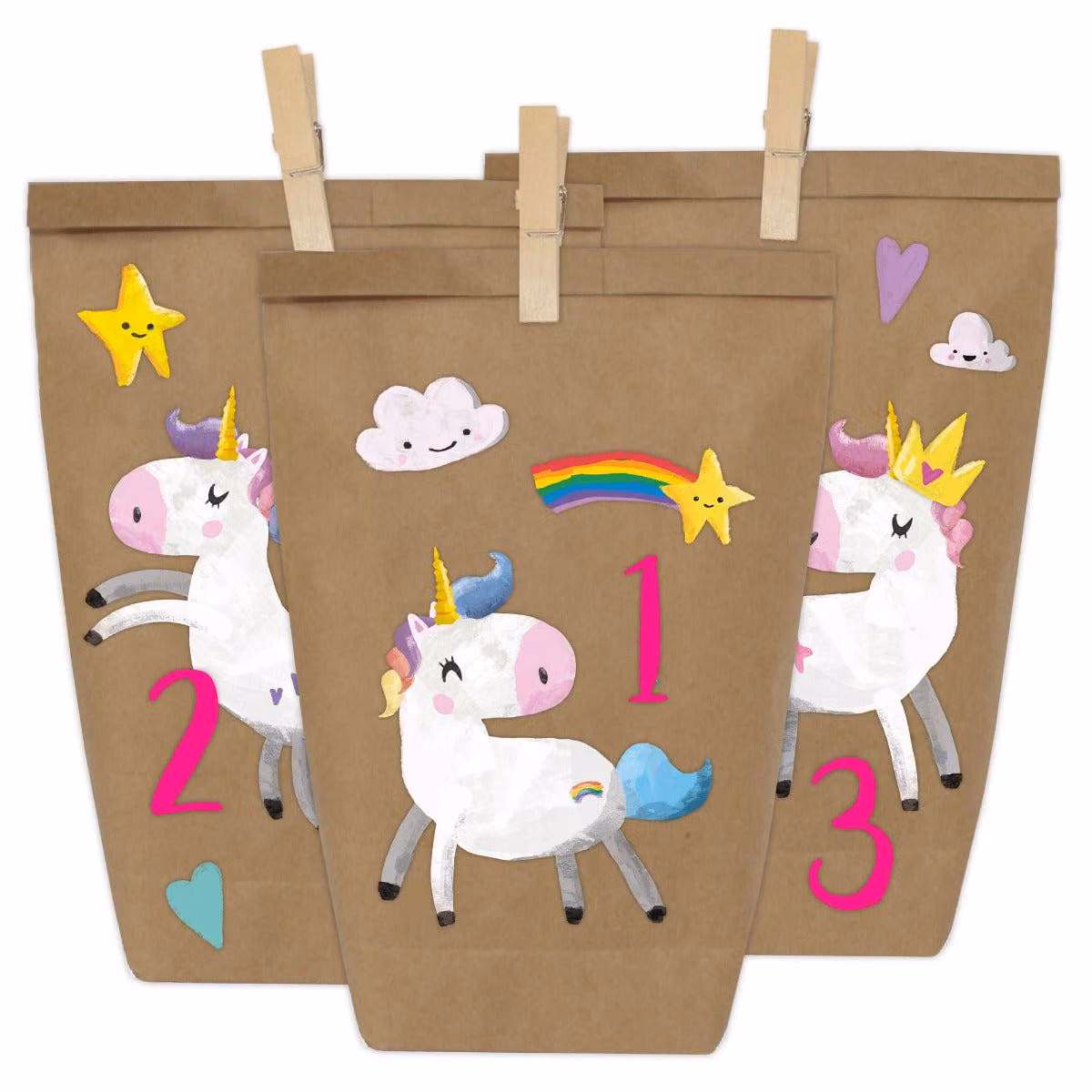 Calendario dell'Avvento fai-da-te per Natale e l'Avvento, da riempire - 24 sacchetti di carta - Motivo: unicorno