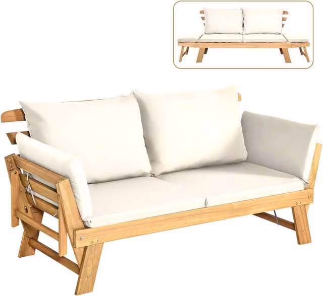 Divano letto da esterno Costway in legno di acacia con braccioli regolabili e cuscini, chaise longue pieghevole per giardino e piscina, Beige o Bianco